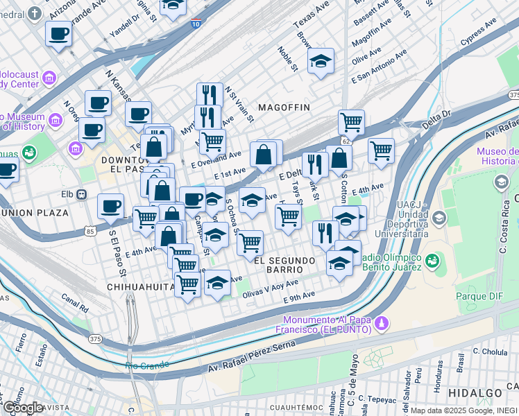map of restaurants, bars, coffee shops, grocery stores, and more near 509 Saint Vrain Street in El Paso