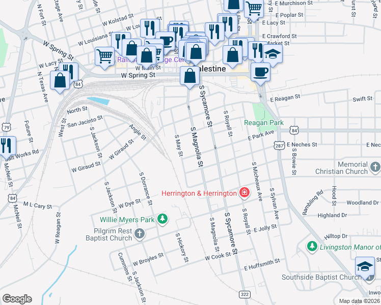 map of restaurants, bars, coffee shops, grocery stores, and more near 616 South May Street in Palestine