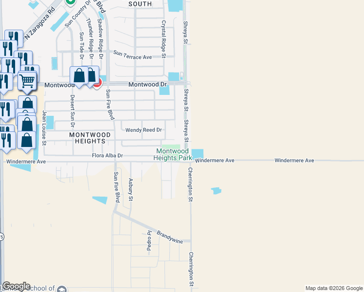 map of restaurants, bars, coffee shops, grocery stores, and more near 1800 Shreya Street in El Paso