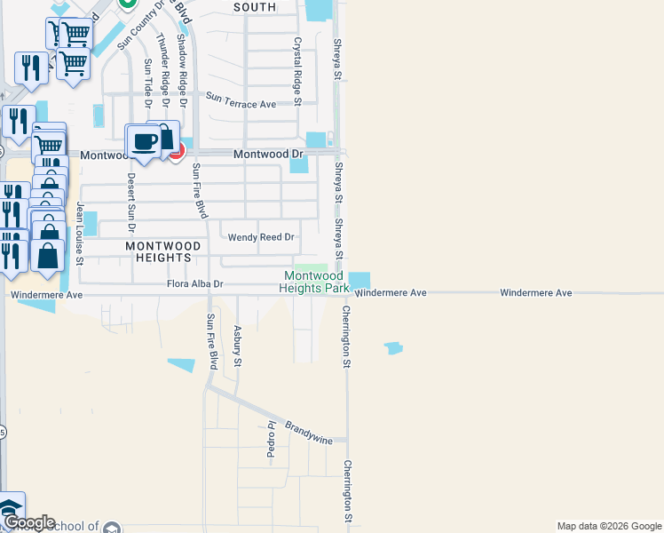 map of restaurants, bars, coffee shops, grocery stores, and more near 1800 Shreya Street in El Paso