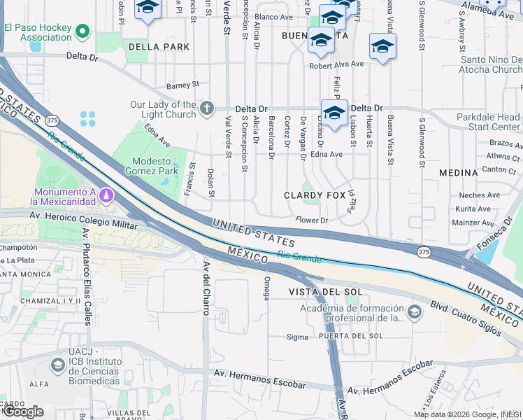 map of restaurants, bars, coffee shops, grocery stores, and more near 5005 Flower Drive in El Paso