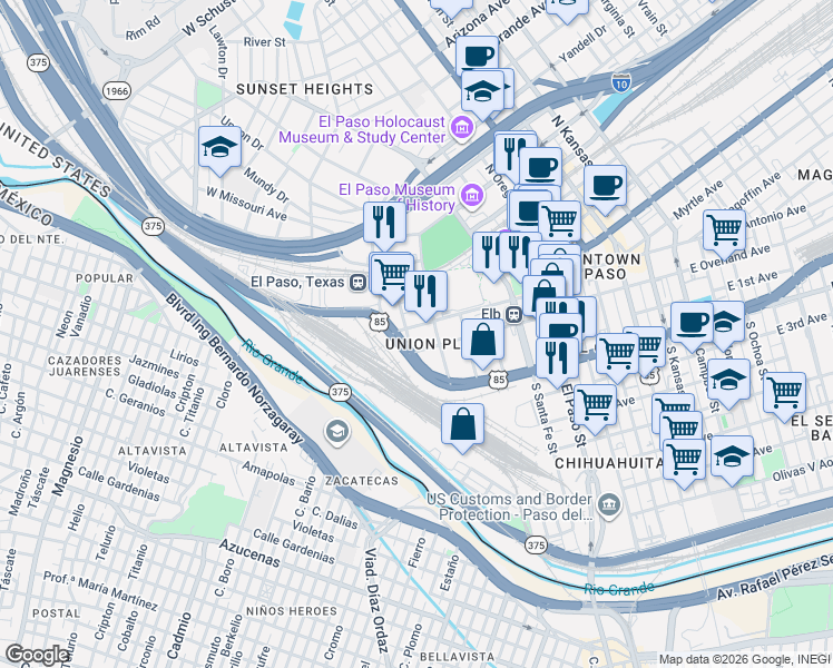 map of restaurants, bars, coffee shops, grocery stores, and more near 120 Anthony Street in El Paso