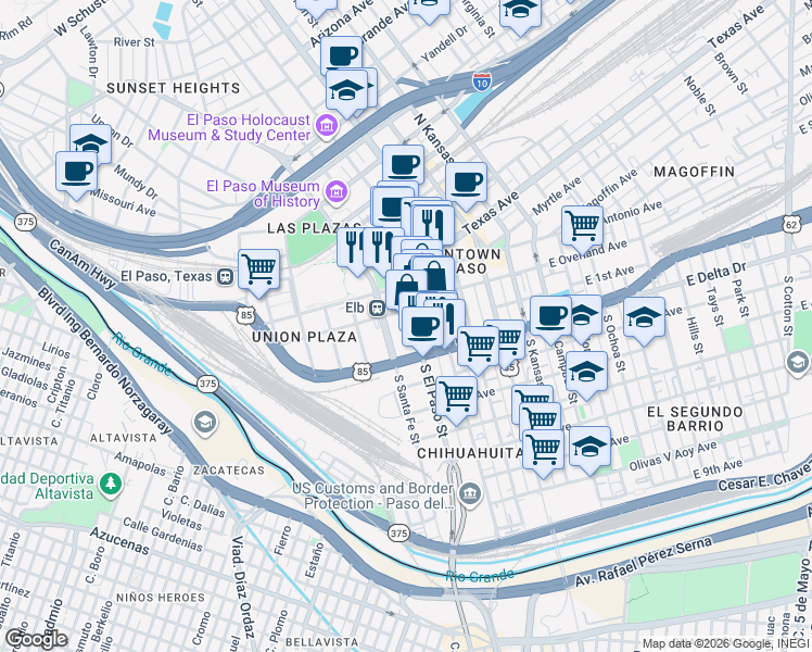 map of restaurants, bars, coffee shops, grocery stores, and more near 300 South Santa Fe Street in El Paso