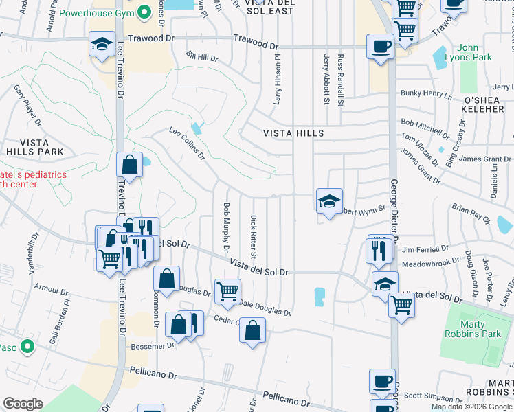 map of restaurants, bars, coffee shops, grocery stores, and more near 1657 Dick Ritter Street in El Paso