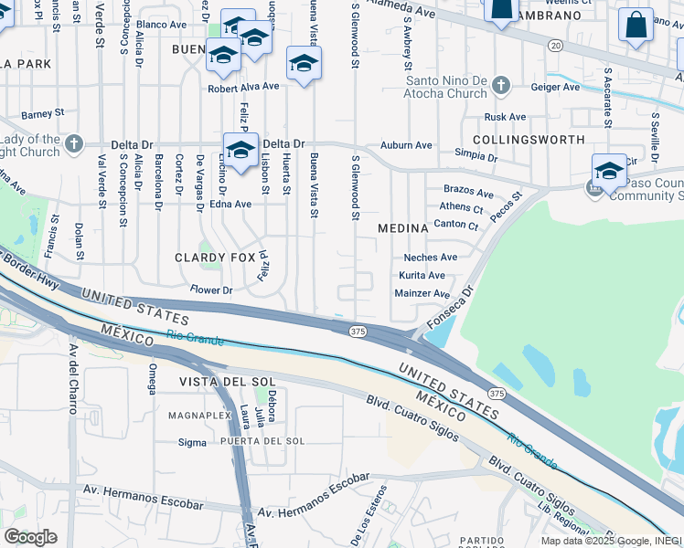 map of restaurants, bars, coffee shops, grocery stores, and more near 5600 Joe Perez Court in El Paso