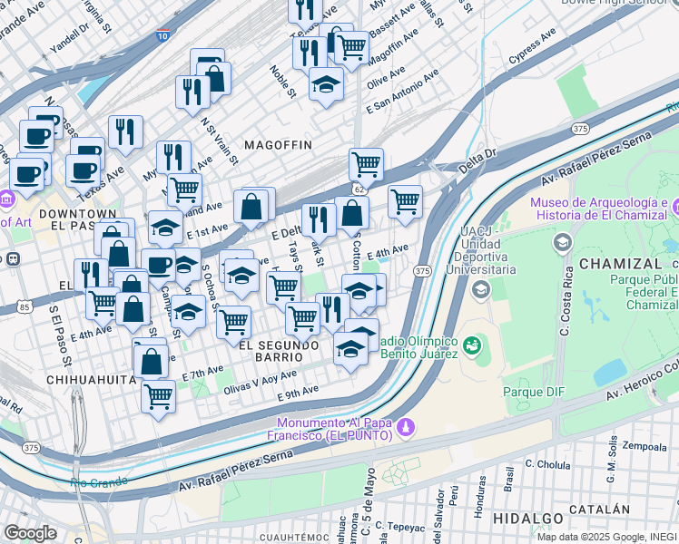 map of restaurants, bars, coffee shops, grocery stores, and more near 1311 East 4th Avenue in El Paso