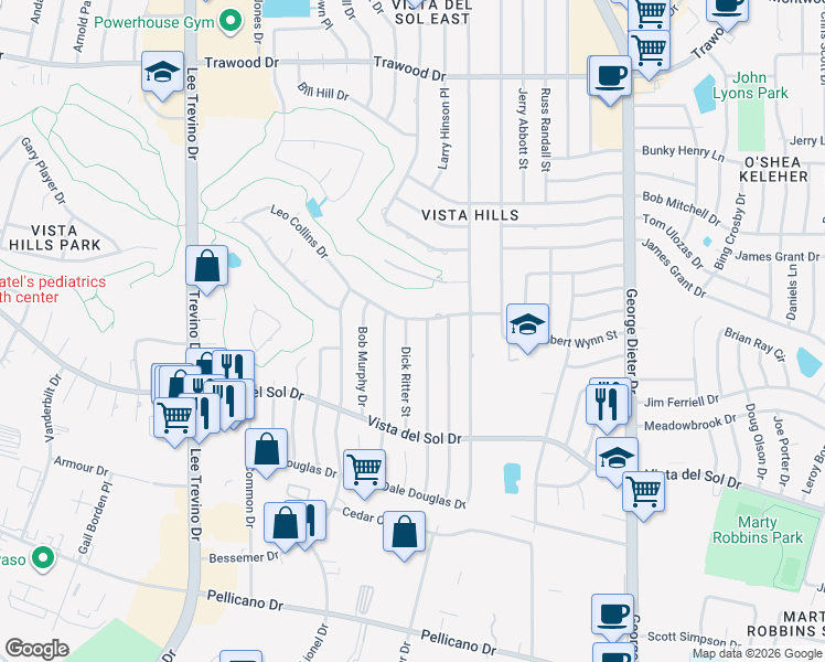 map of restaurants, bars, coffee shops, grocery stores, and more near 1657 Dick Ritter Street in El Paso