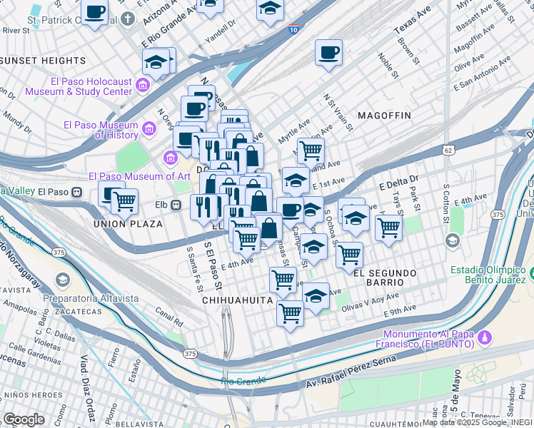 map of restaurants, bars, coffee shops, grocery stores, and more near 425 East Paisano Drive in El Paso