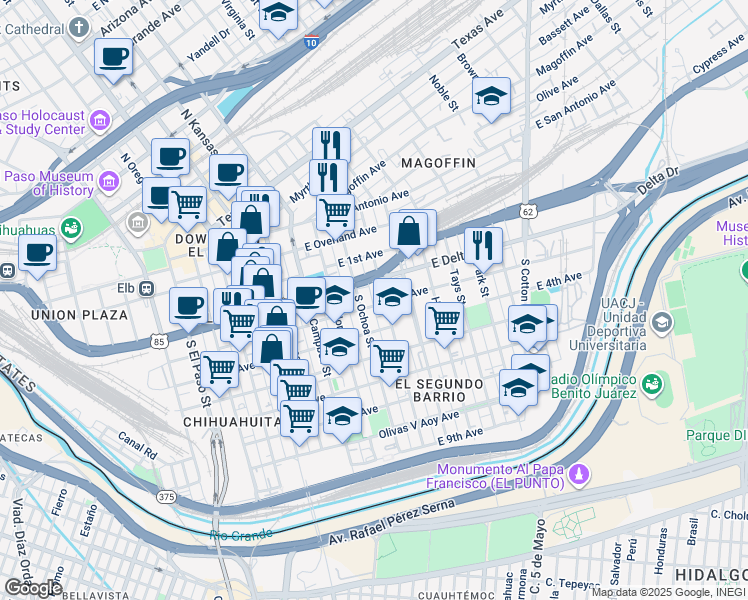 map of restaurants, bars, coffee shops, grocery stores, and more near 406 South Ochoa Street in El Paso