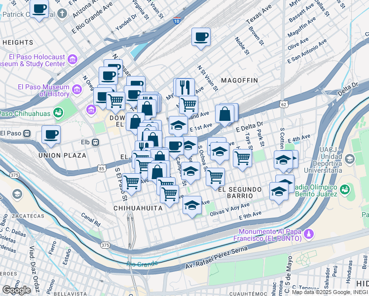 map of restaurants, bars, coffee shops, grocery stores, and more near 401 South Florence Street in El Paso