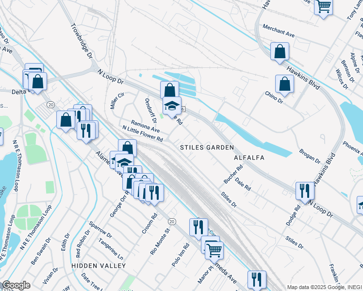 map of restaurants, bars, coffee shops, grocery stores, and more near 7123 Stiles Drive in El Paso