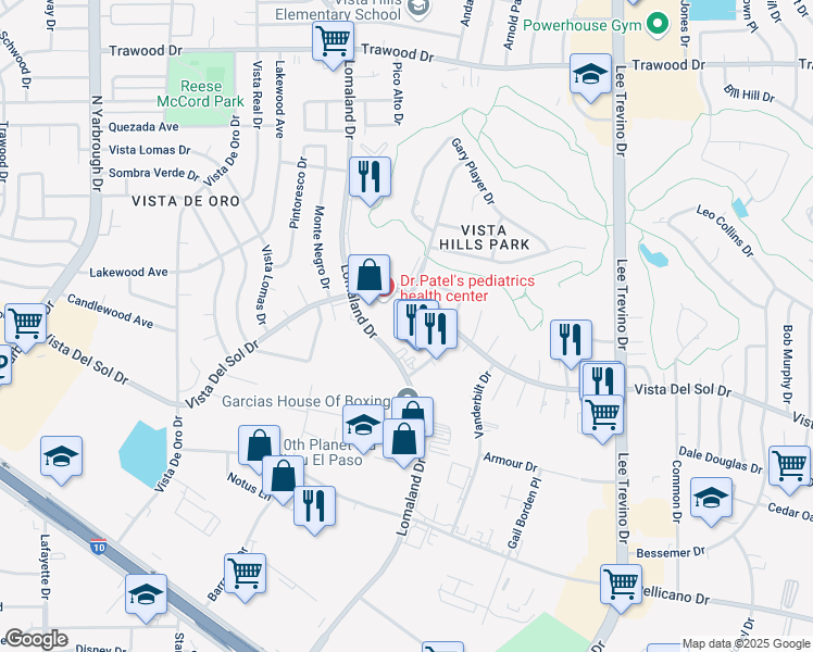 map of restaurants, bars, coffee shops, grocery stores, and more near 1594 Bengal Drive in El Paso