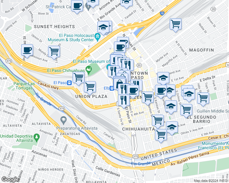 map of restaurants, bars, coffee shops, grocery stores, and more near 300 South Santa Fe Street in El Paso