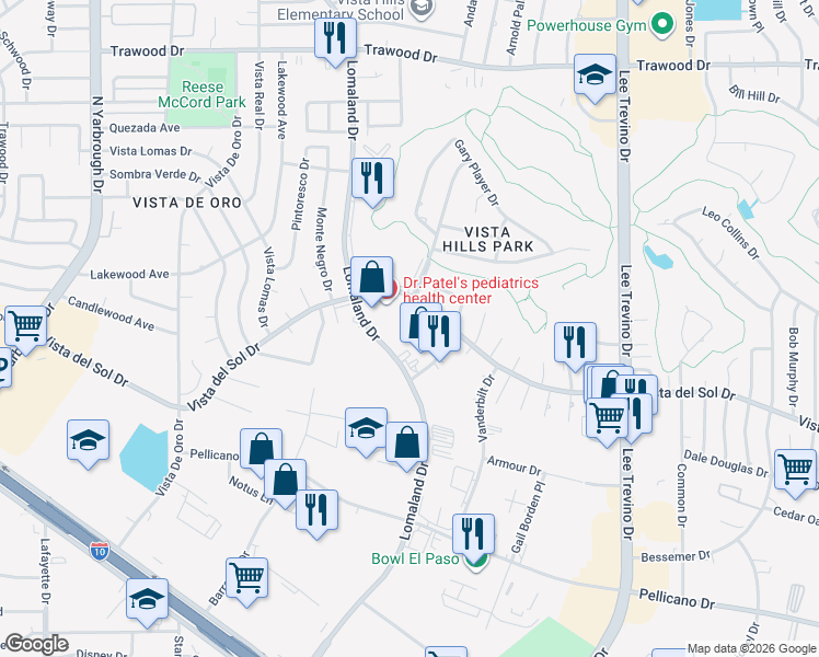 map of restaurants, bars, coffee shops, grocery stores, and more near 1594 Bengal Drive in El Paso