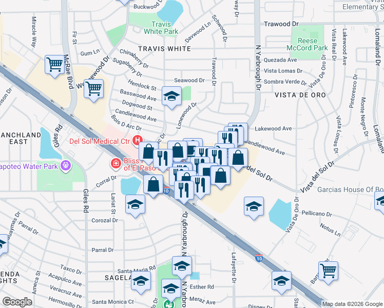 map of restaurants, bars, coffee shops, grocery stores, and more near 10470 Vista Del Sol Drive in El Paso