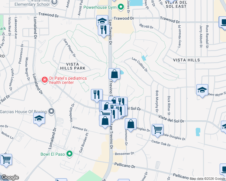 map of restaurants, bars, coffee shops, grocery stores, and more near 11100 Vista Lago Place in El Paso