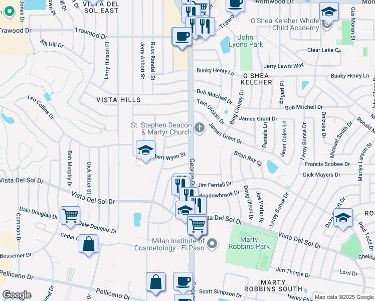 map of restaurants, bars, coffee shops, grocery stores, and more near 1500 Robert Wynn Street in El Paso