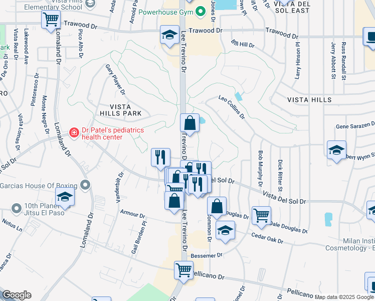 map of restaurants, bars, coffee shops, grocery stores, and more near 11100 Vista Lago Place in El Paso