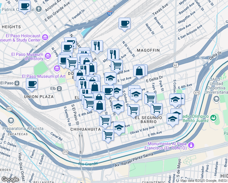 map of restaurants, bars, coffee shops, grocery stores, and more near 401 South Florence Street in El Paso