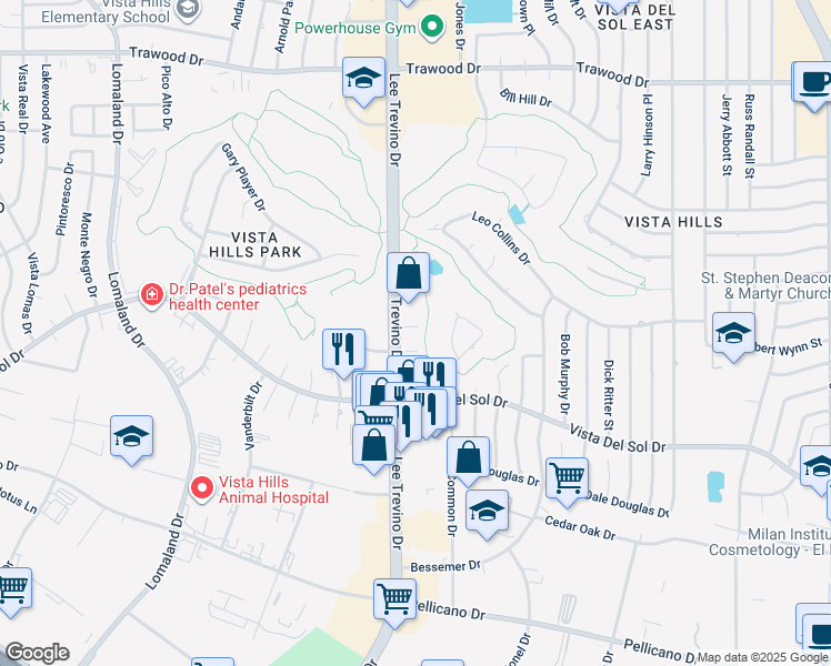 map of restaurants, bars, coffee shops, grocery stores, and more near 11100 Vista Lago Place in El Paso