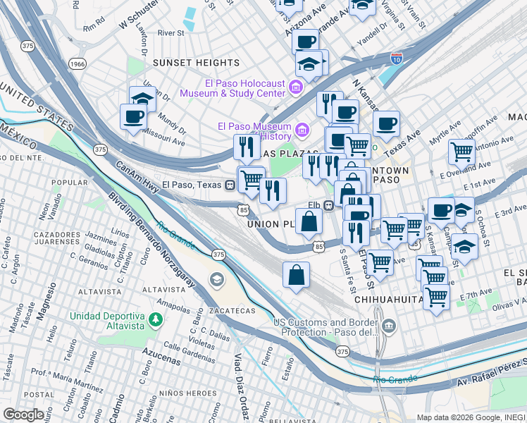 map of restaurants, bars, coffee shops, grocery stores, and more near 120 Anthony Street in El Paso