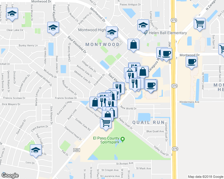 map of restaurants, bars, coffee shops, grocery stores, and more near 12149 Francis Scobee Drive in El Paso
