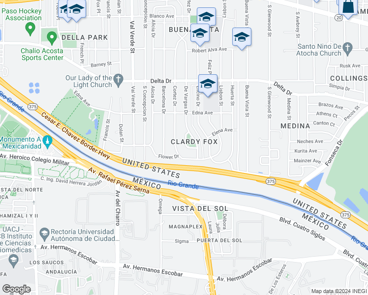 map of restaurants, bars, coffee shops, grocery stores, and more near 661 De Vargas Drive in El Paso