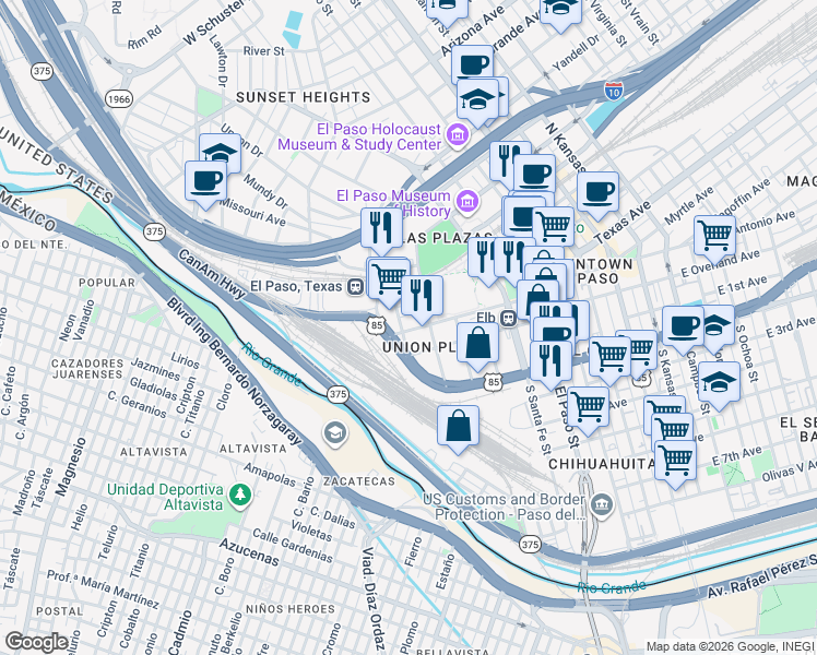 map of restaurants, bars, coffee shops, grocery stores, and more near 120 Anthony Street in El Paso
