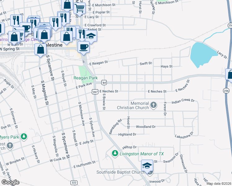 map of restaurants, bars, coffee shops, grocery stores, and more near 706 East Neches Street in Palestine