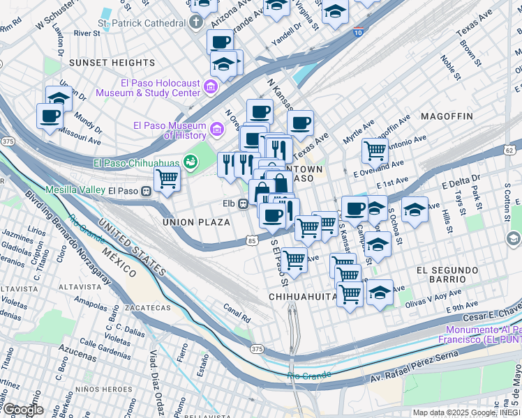 map of restaurants, bars, coffee shops, grocery stores, and more near 300 South Santa Fe Street in El Paso