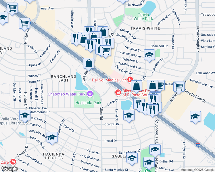 map of restaurants, bars, coffee shops, grocery stores, and more near 7844 Gateway Boulevard East in El Paso