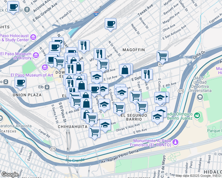 map of restaurants, bars, coffee shops, grocery stores, and more near 406 South Ochoa Street in El Paso