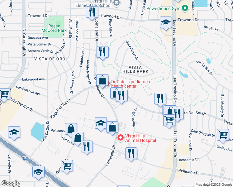 map of restaurants, bars, coffee shops, grocery stores, and more near 1594 Bengal Drive in El Paso