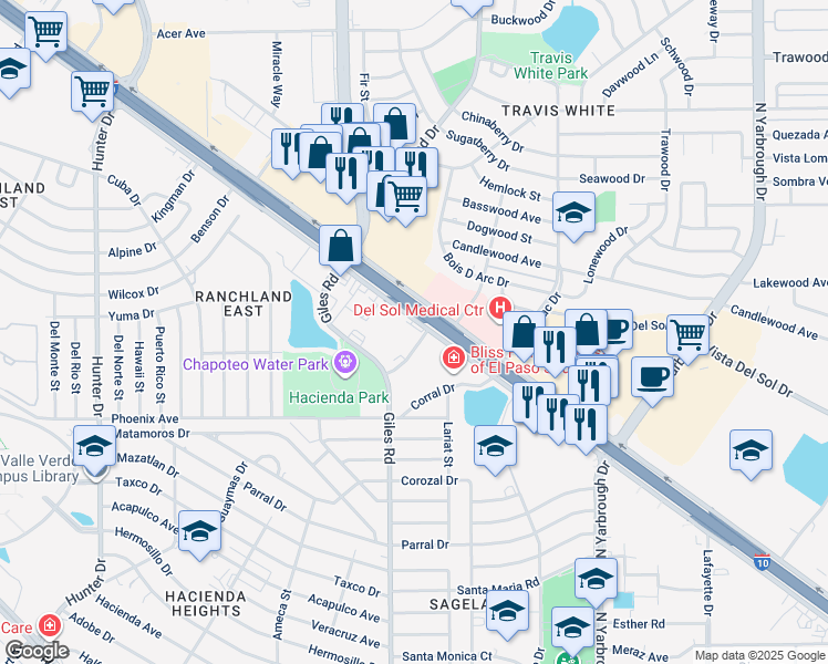 map of restaurants, bars, coffee shops, grocery stores, and more near 7844 Gateway Boulevard East in El Paso