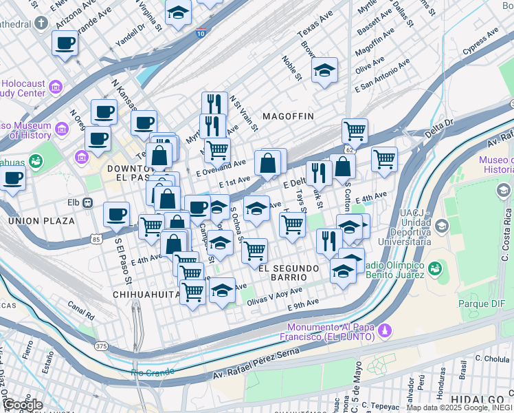 map of restaurants, bars, coffee shops, grocery stores, and more near 400 South Virginia Street in El Paso