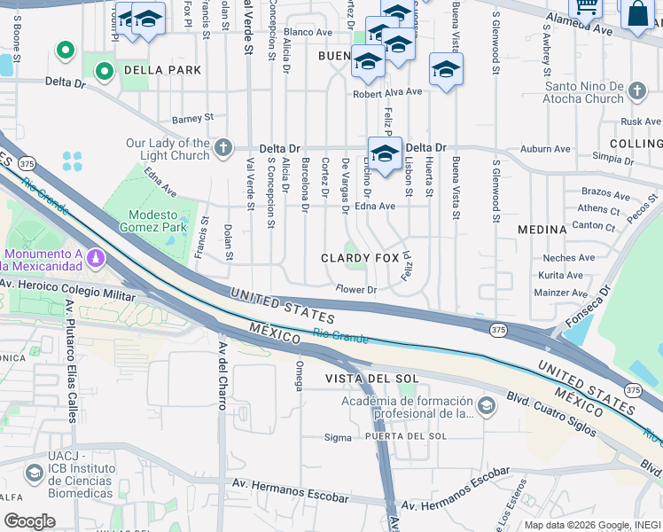 map of restaurants, bars, coffee shops, grocery stores, and more near 661 De Vargas Drive in El Paso