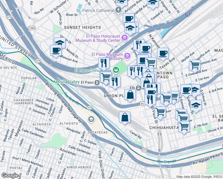 map of restaurants, bars, coffee shops, grocery stores, and more near 120 Anthony Street in El Paso