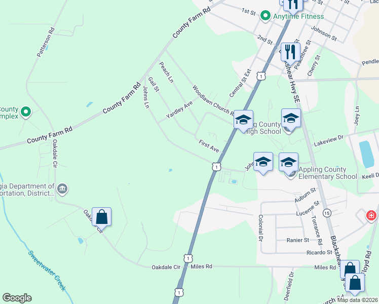 map of restaurants, bars, coffee shops, grocery stores, and more near Johns Lane in Baxley