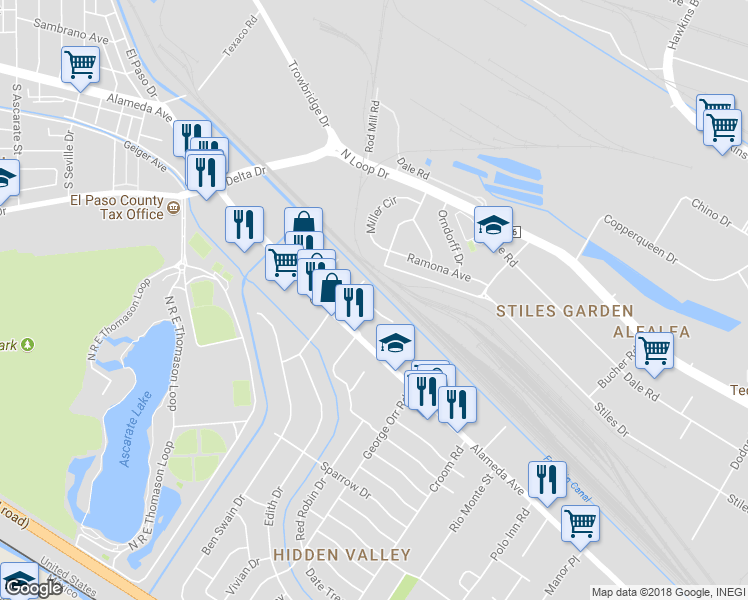 map of restaurants, bars, coffee shops, grocery stores, and more near 7055 Ramos Court in El Paso
