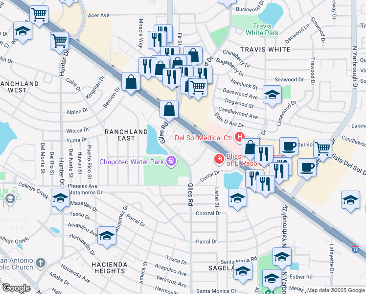 map of restaurants, bars, coffee shops, grocery stores, and more near 1222 Giles Road in El Paso