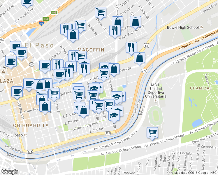 map of restaurants, bars, coffee shops, grocery stores, and more near 1311 E 4th Ave in El Paso