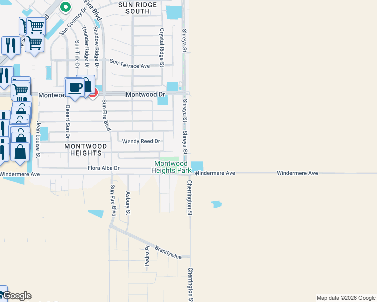 map of restaurants, bars, coffee shops, grocery stores, and more near 1800 Shreya Street in El Paso