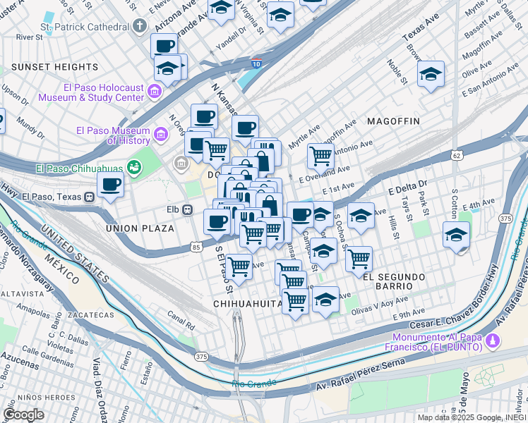 map of restaurants, bars, coffee shops, grocery stores, and more near in El Paso