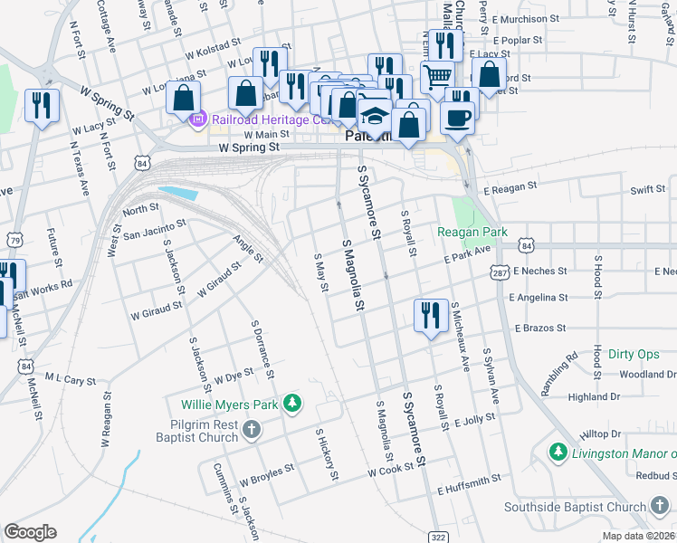 map of restaurants, bars, coffee shops, grocery stores, and more near 616 South May Street in Palestine