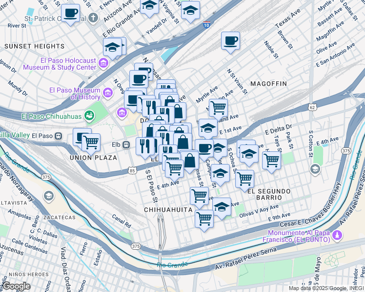 map of restaurants, bars, coffee shops, grocery stores, and more near in El Paso
