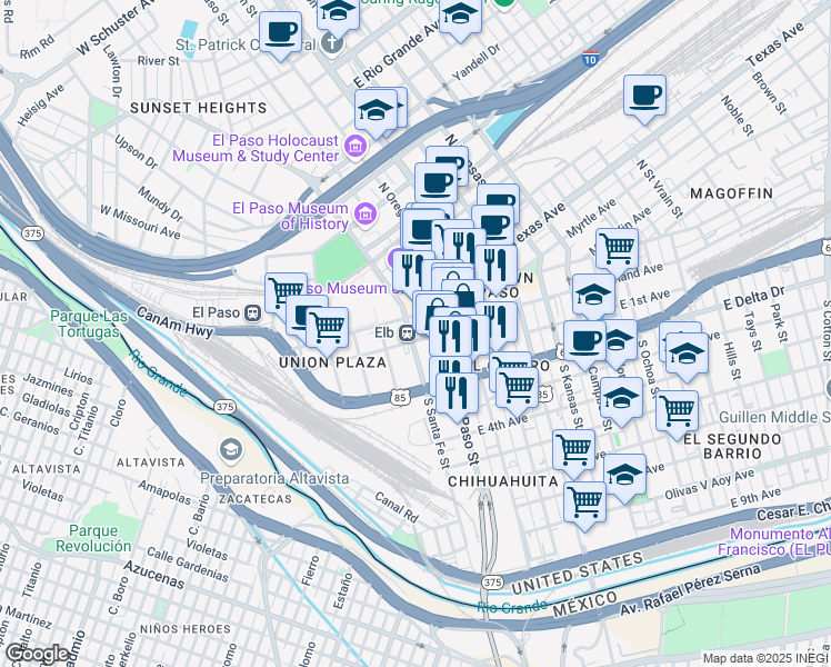 map of restaurants, bars, coffee shops, grocery stores, and more near 300 South Santa Fe Street in El Paso