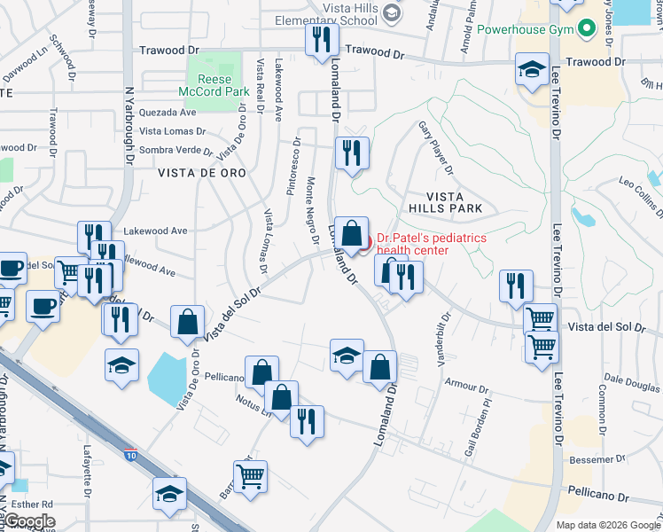 map of restaurants, bars, coffee shops, grocery stores, and more near 10964 Sombra Verde Drive in El Paso