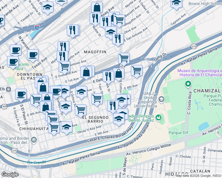 map of restaurants, bars, coffee shops, grocery stores, and more near 1311 East 4th Avenue in El Paso