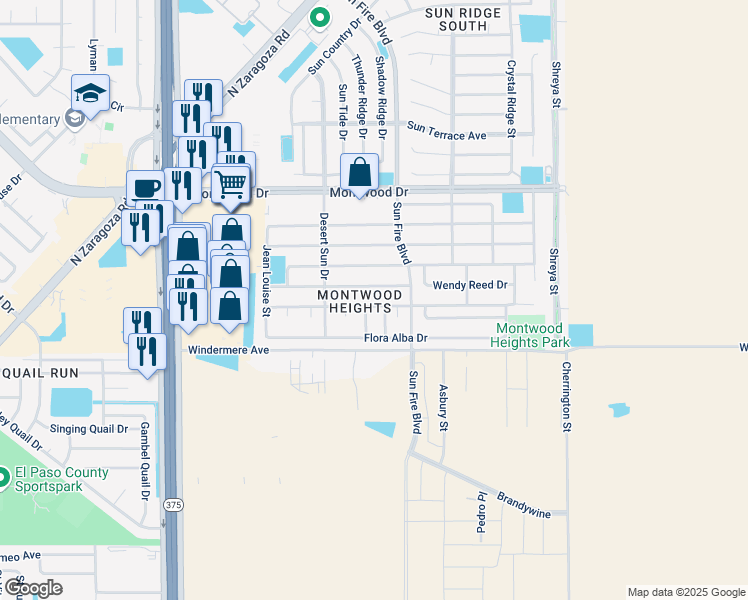 map of restaurants, bars, coffee shops, grocery stores, and more near 12453 Kari Anne Drive in El Paso
