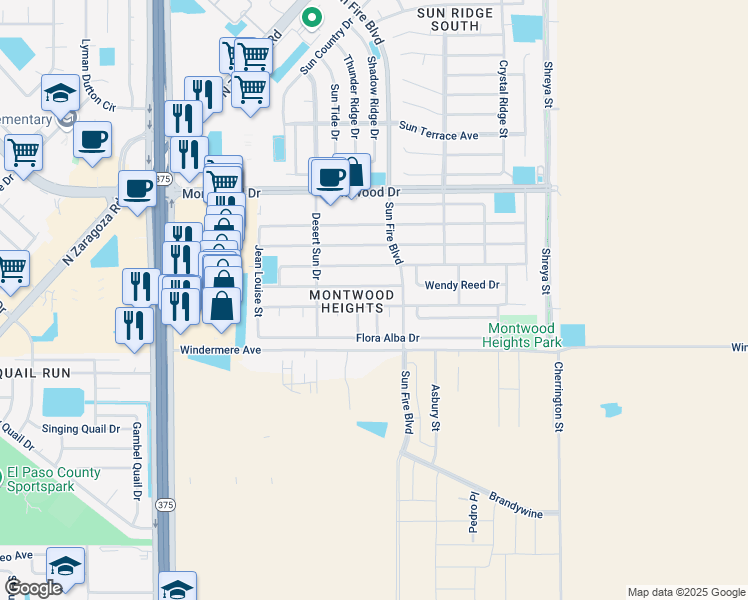 map of restaurants, bars, coffee shops, grocery stores, and more near 12453 Kari Anne Drive in El Paso